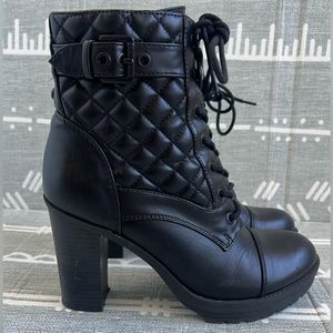 Black Quilted Lace-Up Ankle Boots